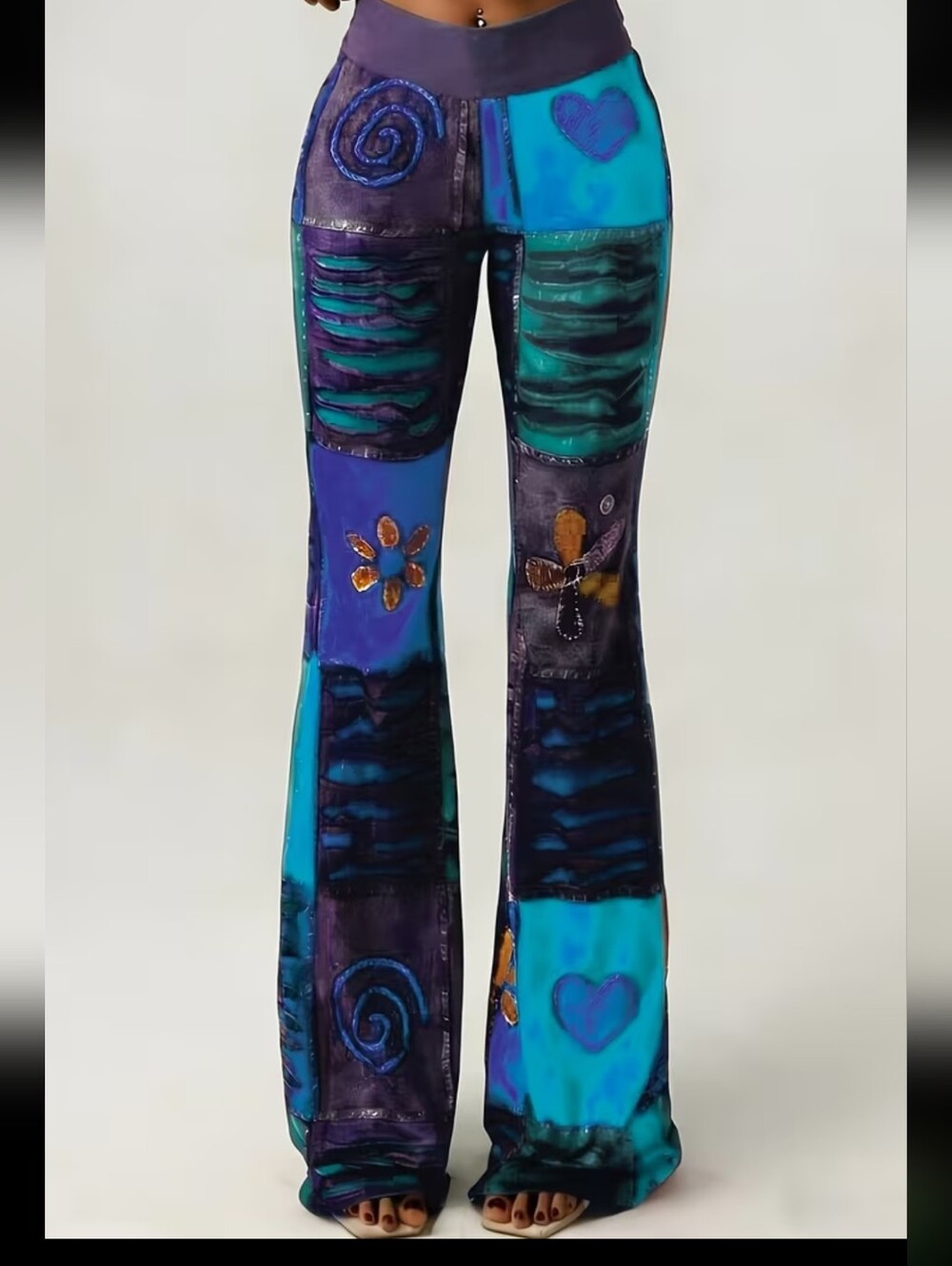 Lingshan Directional Lace Patchwork Print Flared Pants